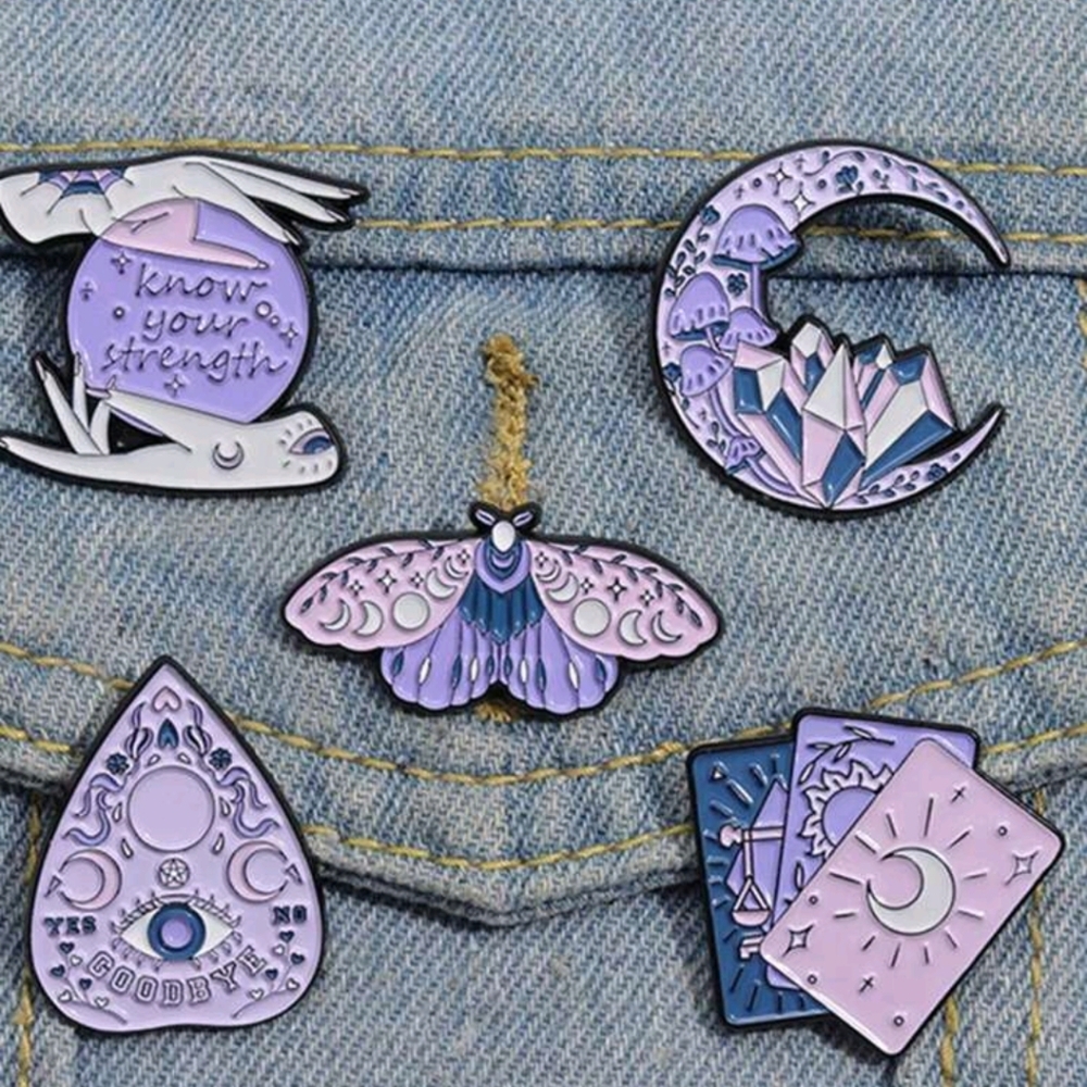 Tarot card pastel moon goth witch purple moth floral enamel pin brooch charm bag